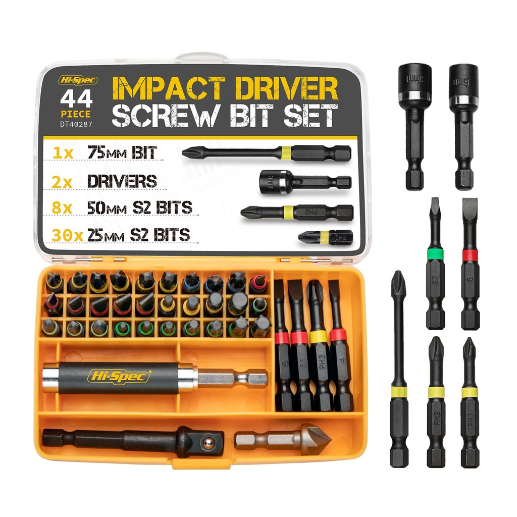 Hi-Spec 44pc Impact Drill Driver Screw Bit Set with Popular PZ & PH Sizes. 1/4 Hex S2 Screw