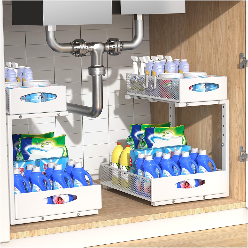 Housolution 2 Pack Large Under Sink Storage, Height Adjustable Pull Out Under Sink Organiser