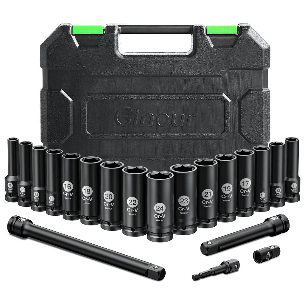 Ginour 20PCs Impact Socket Set 1/2 Inch, CR-V Drive Master Deep Impact Socket Set 8mm - 24mm