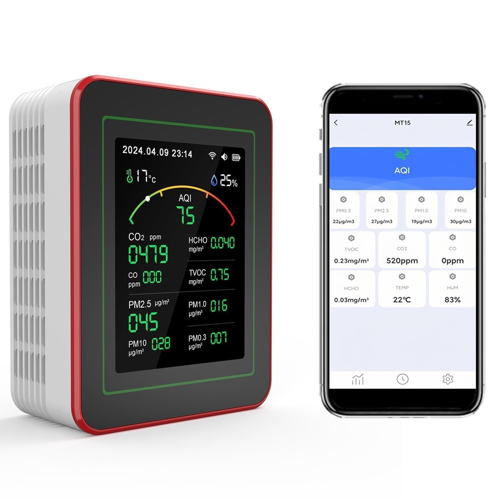 Professional 15-in-1 Air Quality Monitor with Smartphone APP - Dual Chip - Sensors Detect CO2