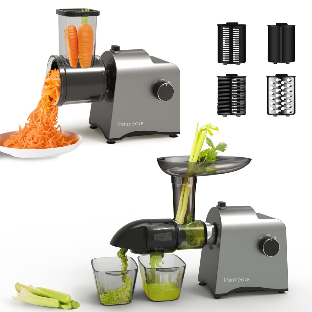 Parmedu Slow Masticating Juicer & Veggies Grater: Cold Press Juicer for Vegetable & Fruit