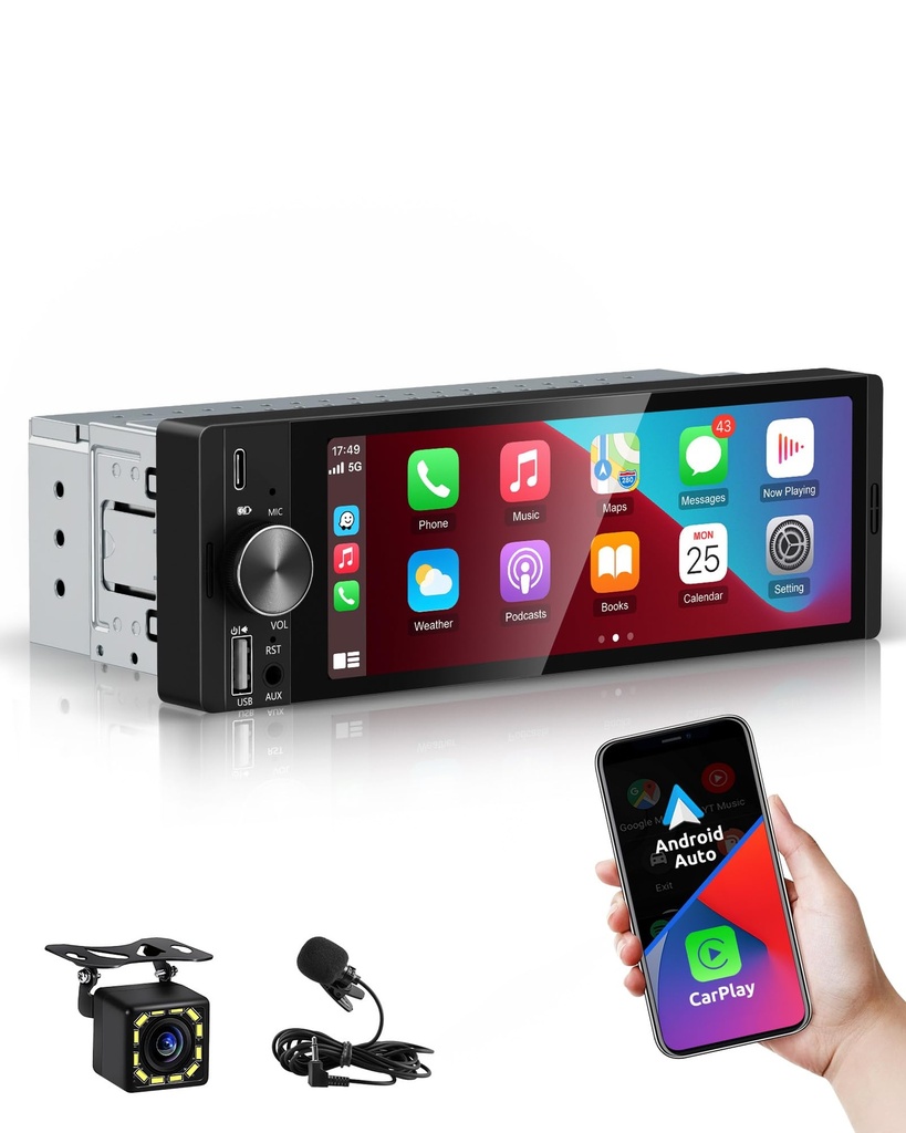 ESSGOO Single Din Car Stereo with Wireless Carplay and Android Auto, 6.36 inch HD IPS bilds