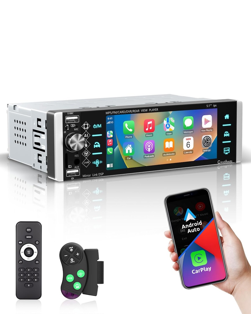 ESSGOO Sing Din Car Stereo with Wireless Carplay and Android Auto, 5.1 Inch Single Din HD I
