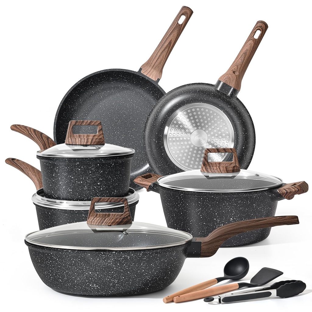 Terlulu Induction Hob Pots and Pans Set - 13pcs Nonstick Cooking Pans Set, Black Granite Co