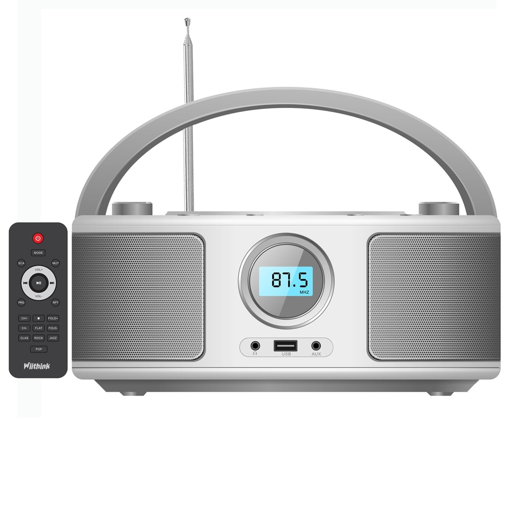 WIITHINK Portable CD Player Boombox with FM Radio - Bluetooth, Remote Control, USB, Headpho