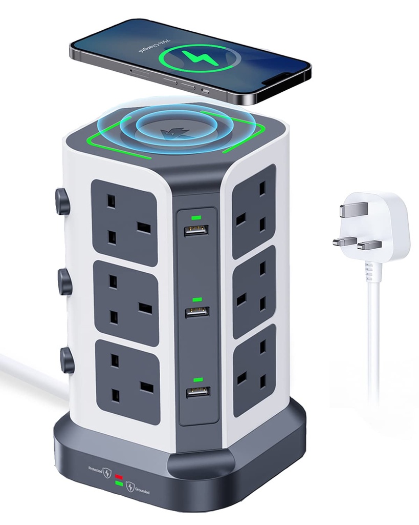 Tower Extension Lead with Wireless Charger,[13A 3250W] Surge Protector,12 AC Outlets & 6 US