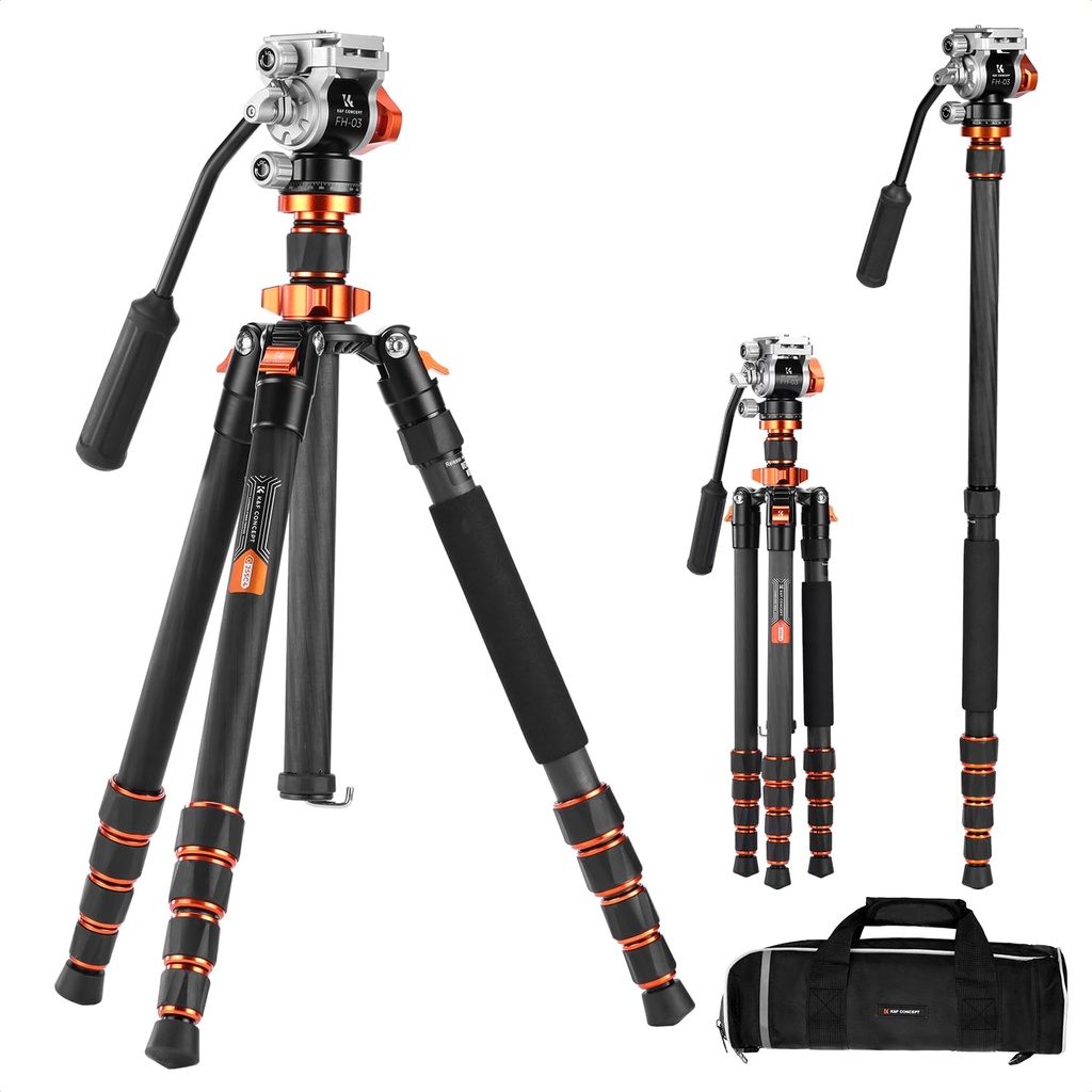 K&F CONCEPT 68" Carbon Fibre Tripod, Video Tripod with Fluid Head Load Capacity 6kg, Compac