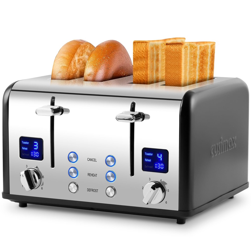 Toaster 4 Slices, Cusimax Stainless Steel Toaster with Ultra-Clear LED Display & 4 Extra-Wi