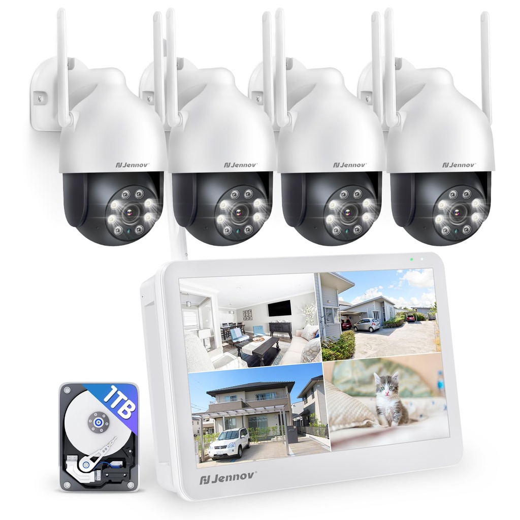 Jennov 5MP PTZ Wireless CCTV Camera System With 10" Monitor, 10CH 5MP NVR, 4 X PTZ Security
