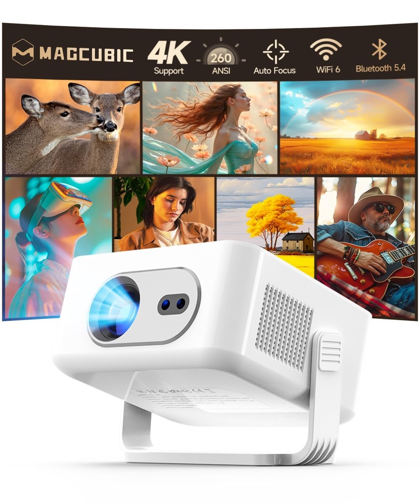 Smart Projector with WiFi 6 and Bluetooth 5.4, Protable Mini Projector 260ANSI 4K Support,