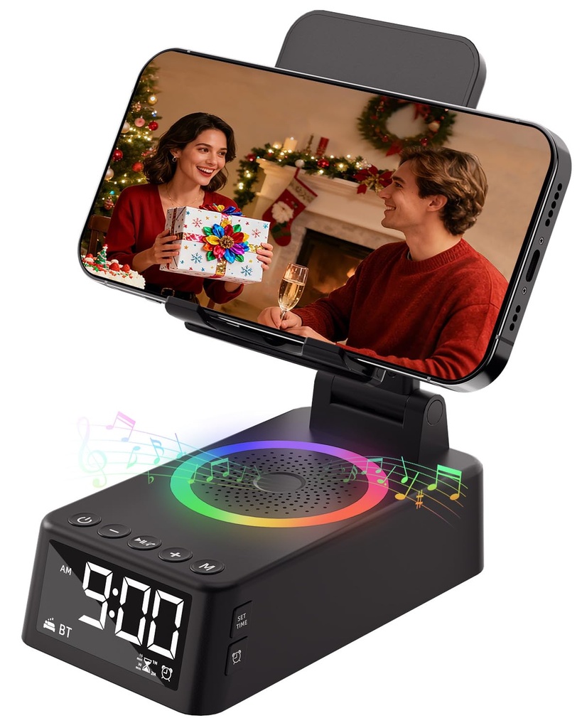 Gifts for Men Women, Alarm Clock, Cell Phone Stand with Bluetooth Speaker, Sound Machine Wh