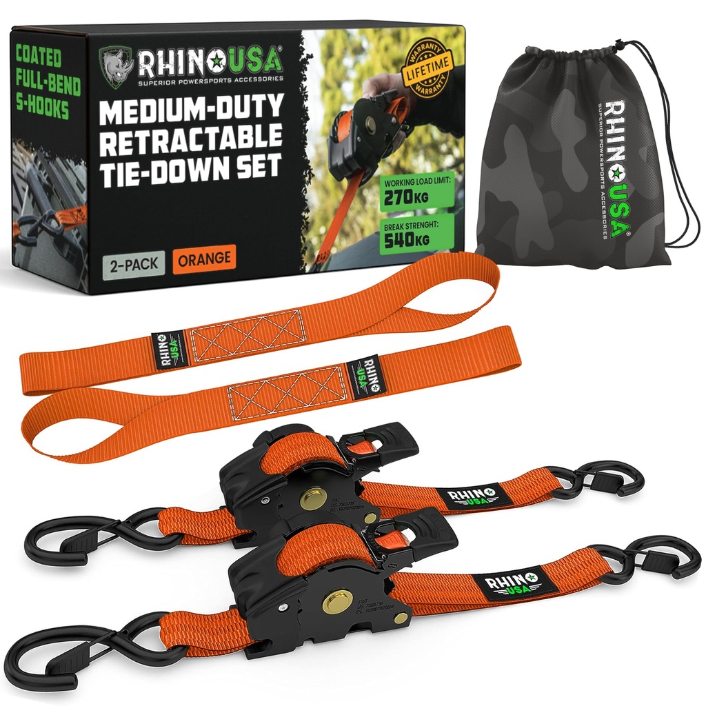 Rhino USA Retractable Ratchet Straps (2-Pack) - 2.5cm x 3m (540kg Break Strength) - Medium