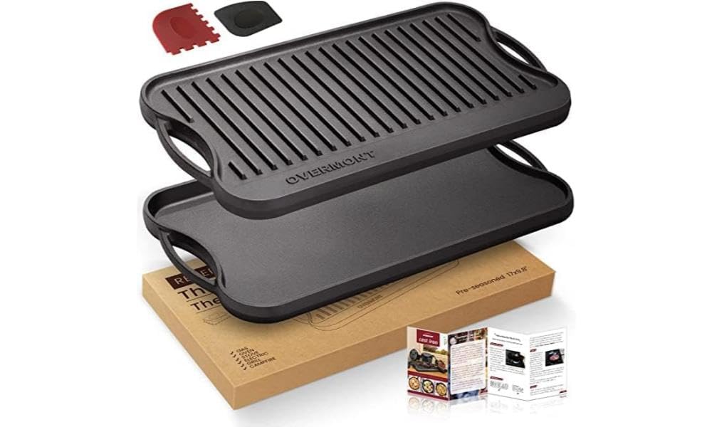 OVERMONT Pre-Seasoned Cast Iron Reversible Griddle Grill Pan with Handles for Gas Stovetop