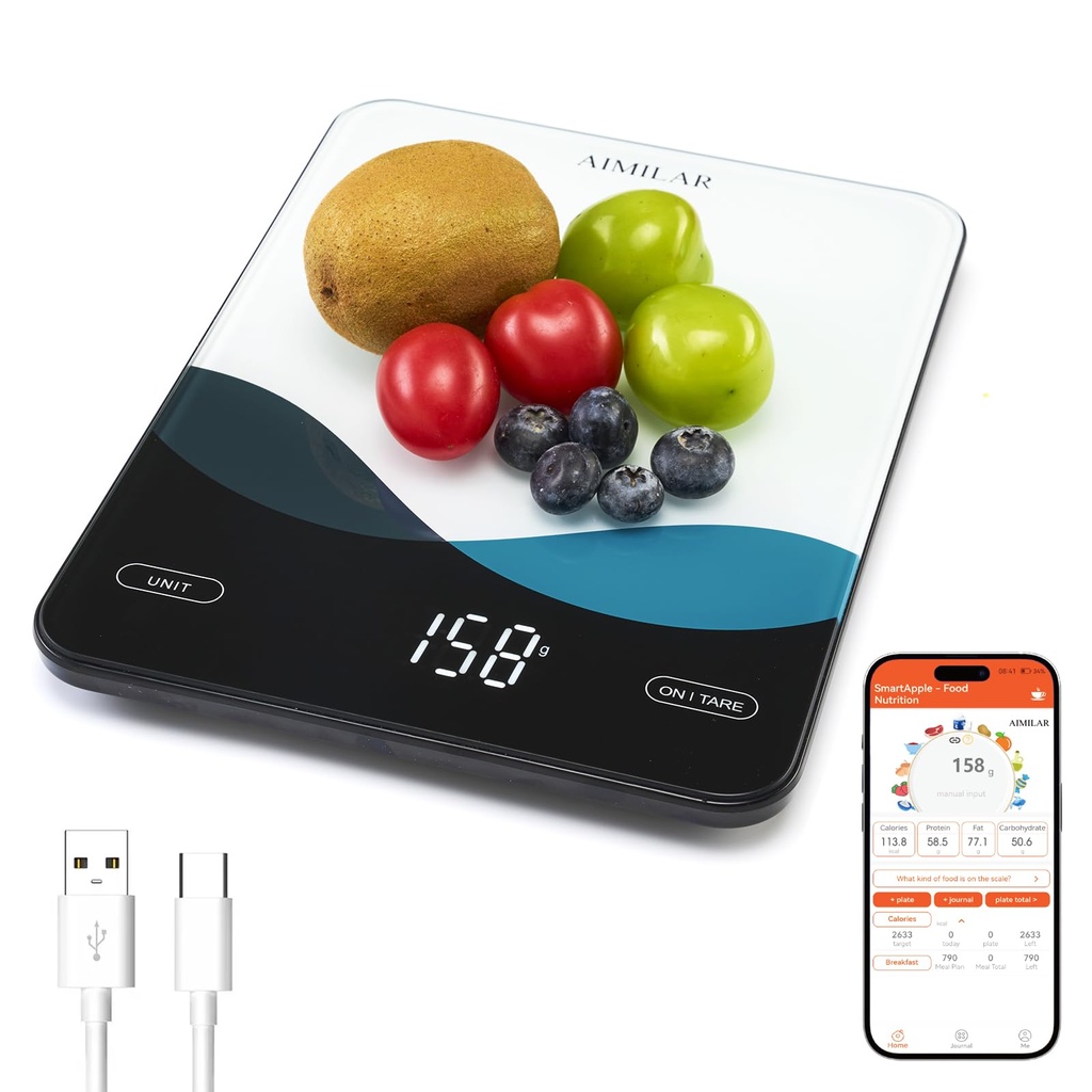 AIMILAR Bluetooth Kitchen Scale 10kg/22lb - Smart Nutrition Food Scale with App Calorie & M