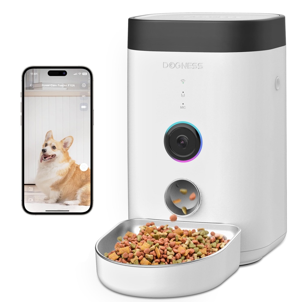DOGNESS Automatic Cat Feeder with Camera, 5G WiFi Dog Feeder for 4L Dry Food, 1080P HD Video