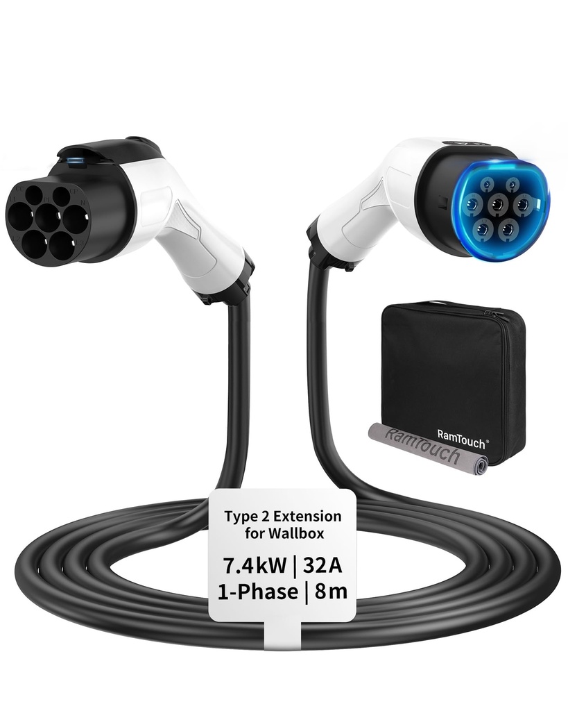 RamTouch EV Charger Extension Cable (32 A, 7.4 kW, 8 m, 1-Phase) - Type 2 Extension Cable