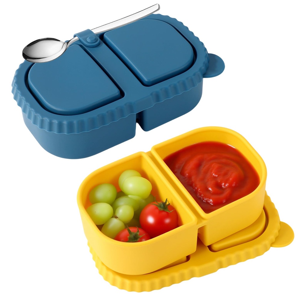 Lyreh 2pcs Silicone Snack Containers with Lids, 5.91x3.74x1.57in 2-Compartment Snack Boxes