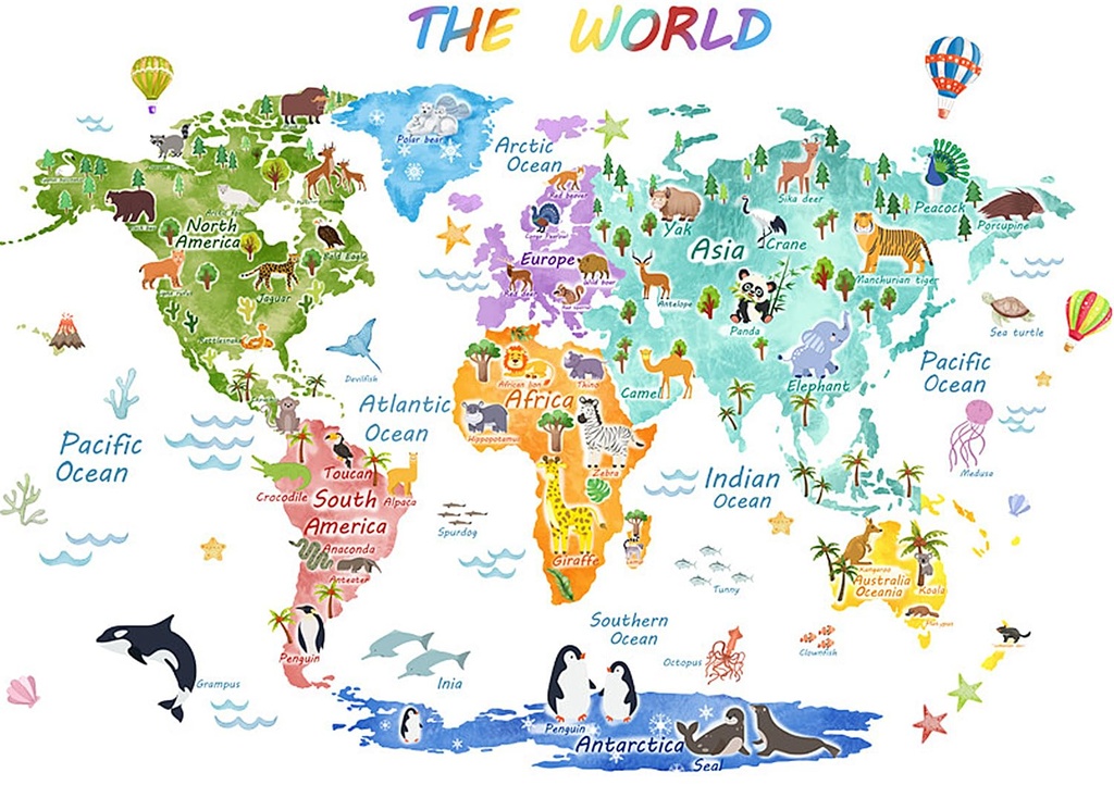 Hianjoo Animal World Map Wall Sitckers, Large Size Colorful Educational World Map Wall Deca