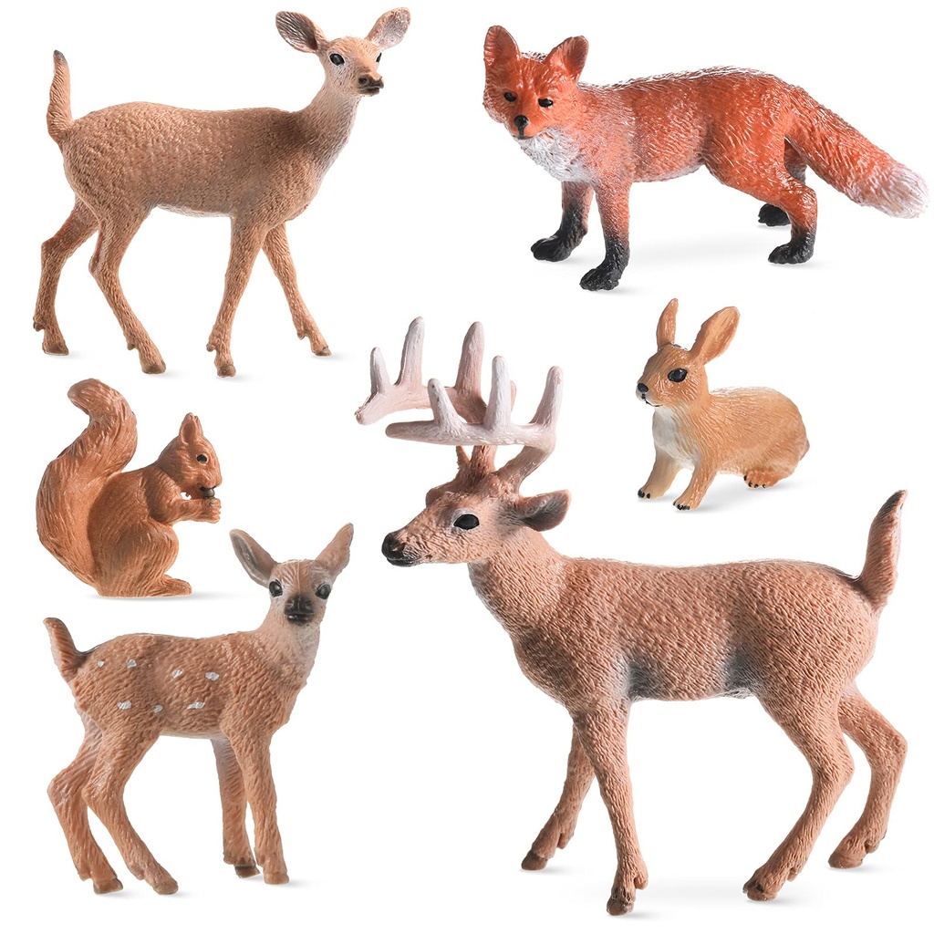 Skylety 6 Pieces Woodland Animals Figures Forest Figurines Deer Rabbit Squirrel Family Figu