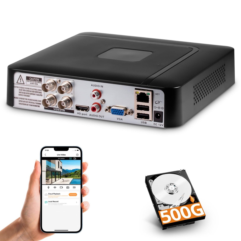 4 Channel CCTV Surveillance DVR with 500G HDD, 4 Ch 5MP H.265+ DVR Video Recorder 