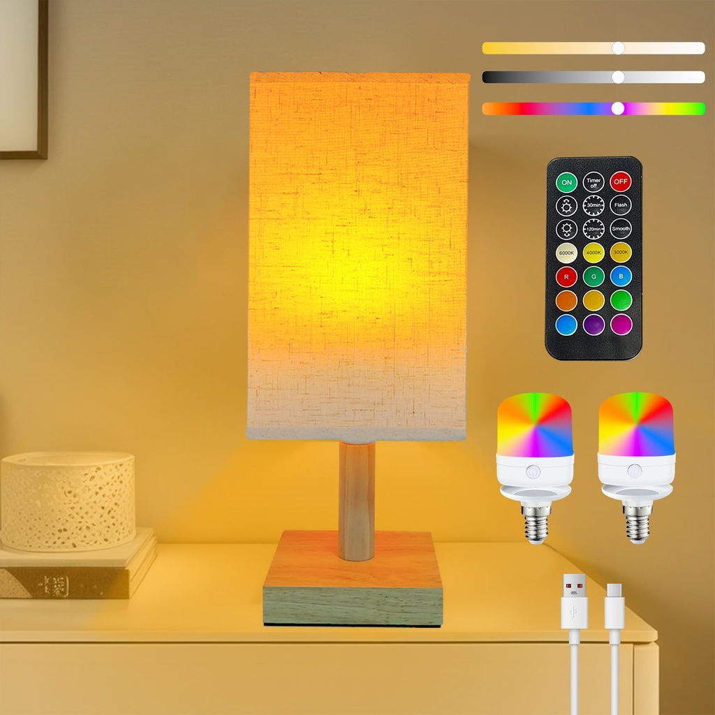 Pulsky Wireless Bedside Table Lamp with 2 Pcs E14 RGB Rechargeable Battery Bulb, Remote Con