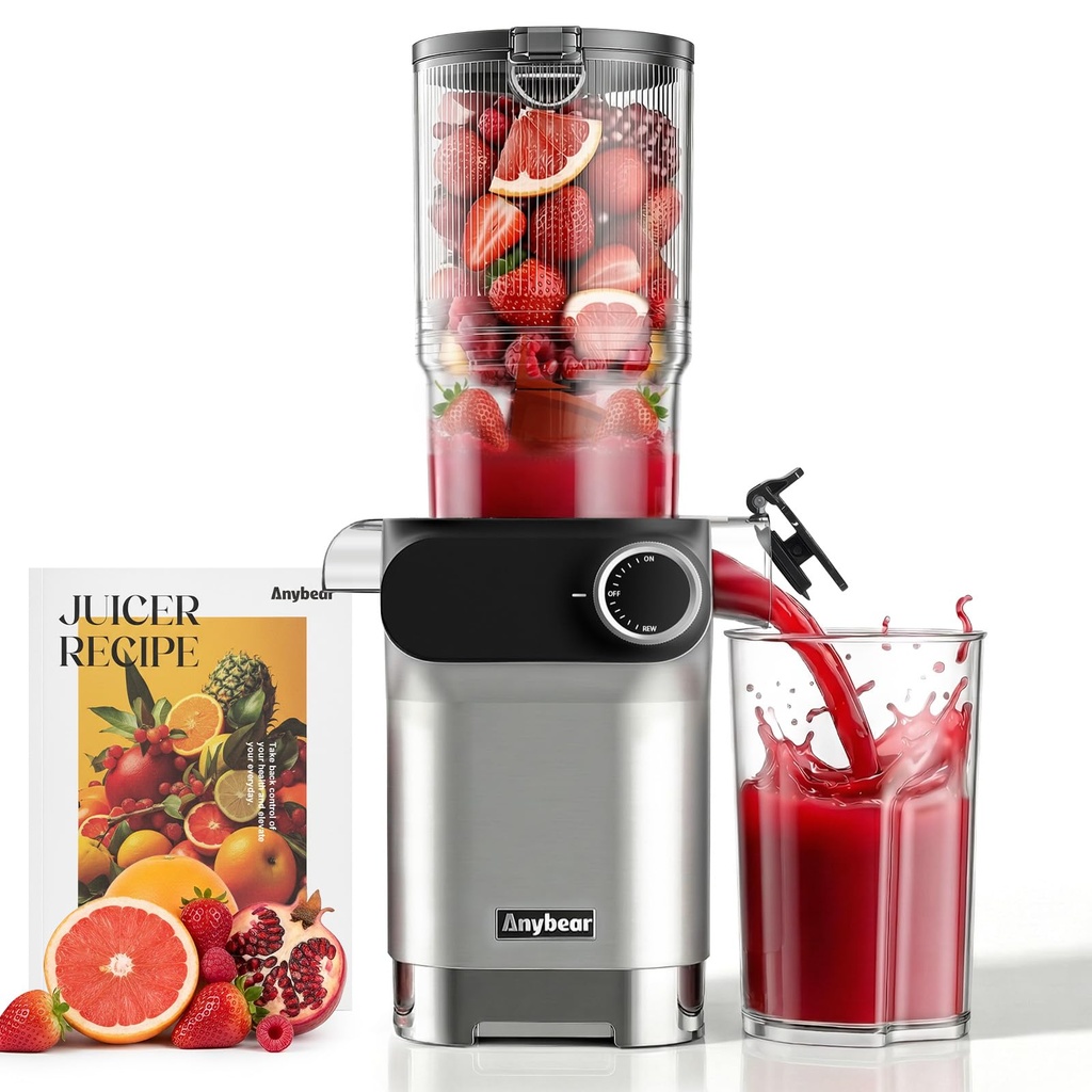 Anybear Cold Press Juicer, 200W Masticating Slow Juicer 4.3" Large Feed Chute Fit Whole Fruit