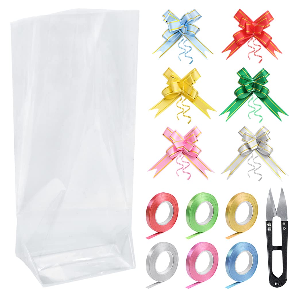 XYGK 30 Pcs Large Clear Cellophane Bags, Party Gift Treat Bags with 60 Pull Bows, 6 Ribbon