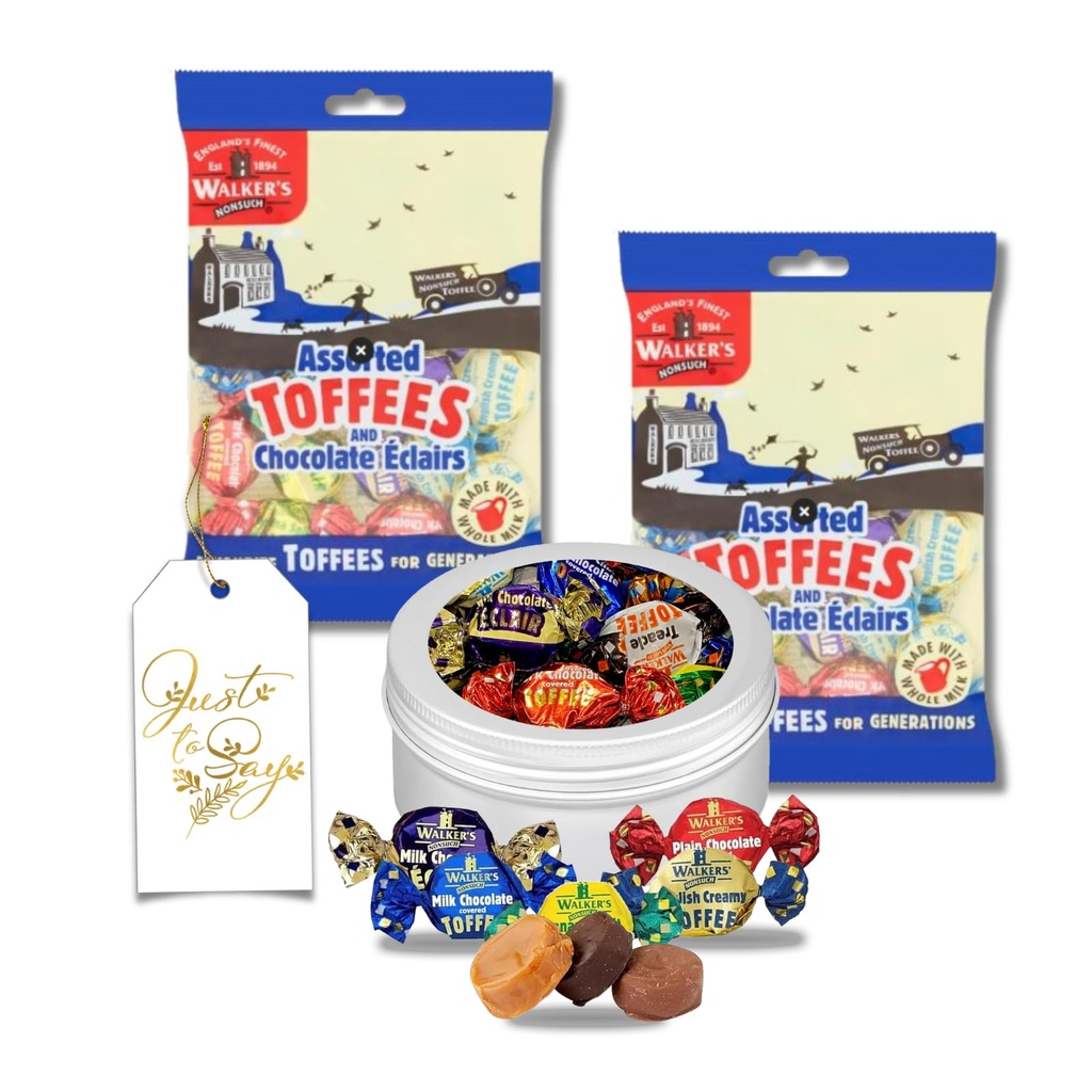 Assorted Toffees & Chocolate Eclairs 2 Packs Bundle with Screw Lid Tin & Gift Tag | A Sweet