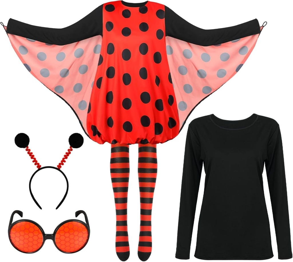 Hestya 5 Pack Carnival Women Ladybug Costume Set with Cosplay Ladybug Wing Dress Headband G