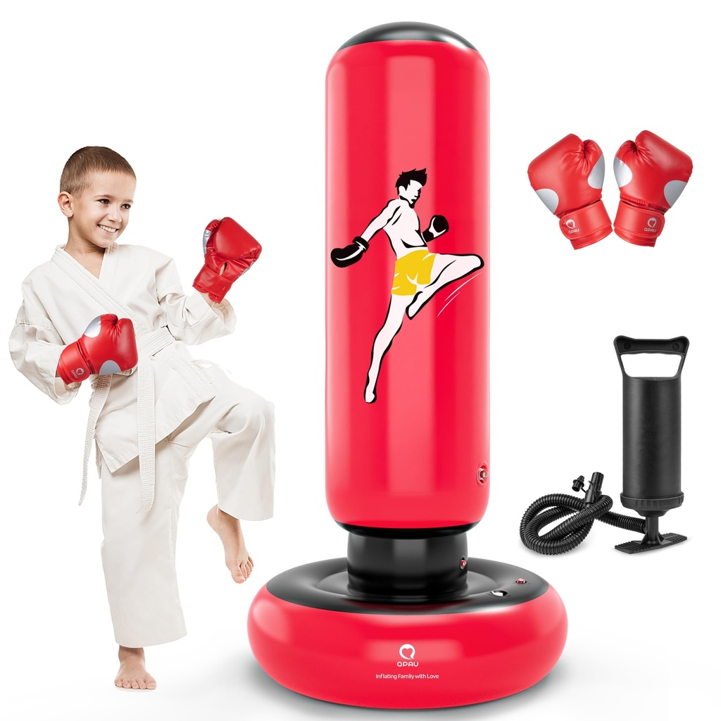 QPAU Kids Punching Bag Toy with Boxing Gloves, 66 Inch Larger Stable Kids Inflatable Boxing
