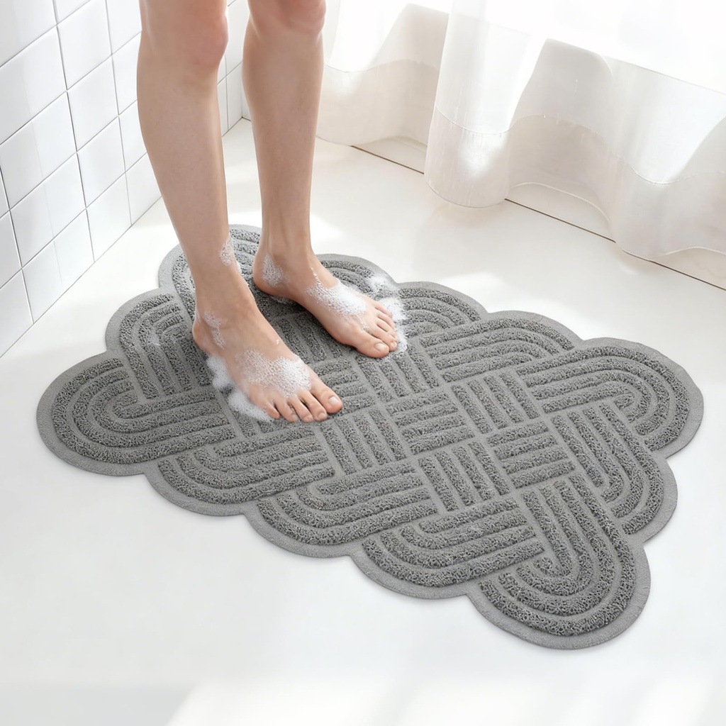 Shower Mat Non Slip Anti Mould, 44 x 74 cm 3D Woven Embossed Bath Mat with Drain, Soft PVC