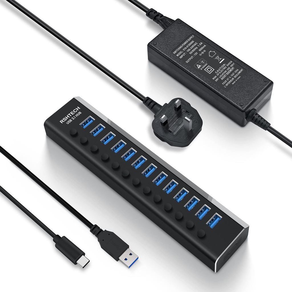 RSHTECH Powered USB Hub 72W 13 Ports USB 3.1/3.2 Gen 2 Hub (10Gbps) Aluminum USB Splitter 
