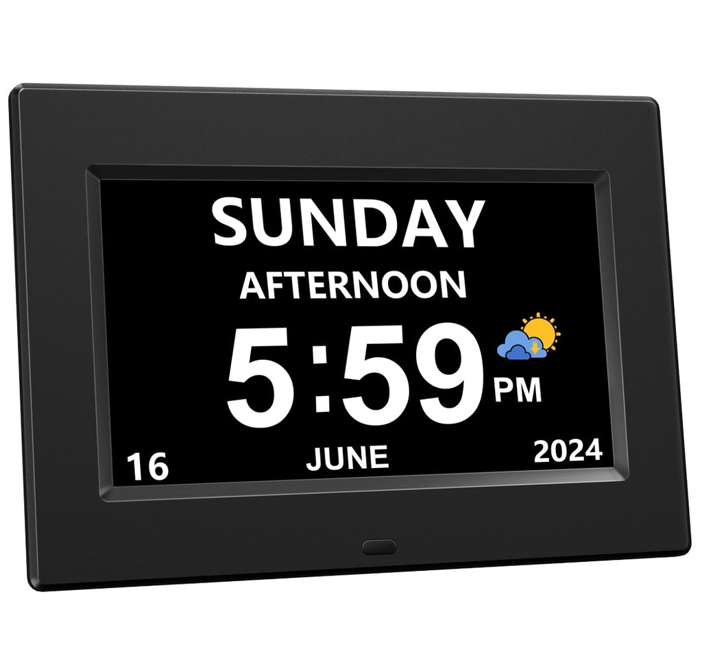 CAZOKASI Auto Dimmable Calendar Day Clock Digital Photo Frame HD Display 12 Alarms Extra La