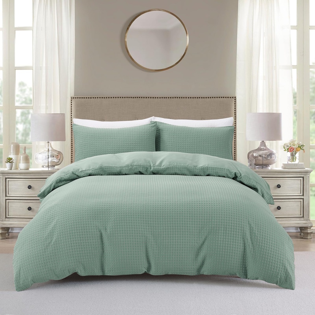 BOURINA Waffle Bedding Set Double, Soft Breathable Microfibre Quilt Cover with Pillowcases,