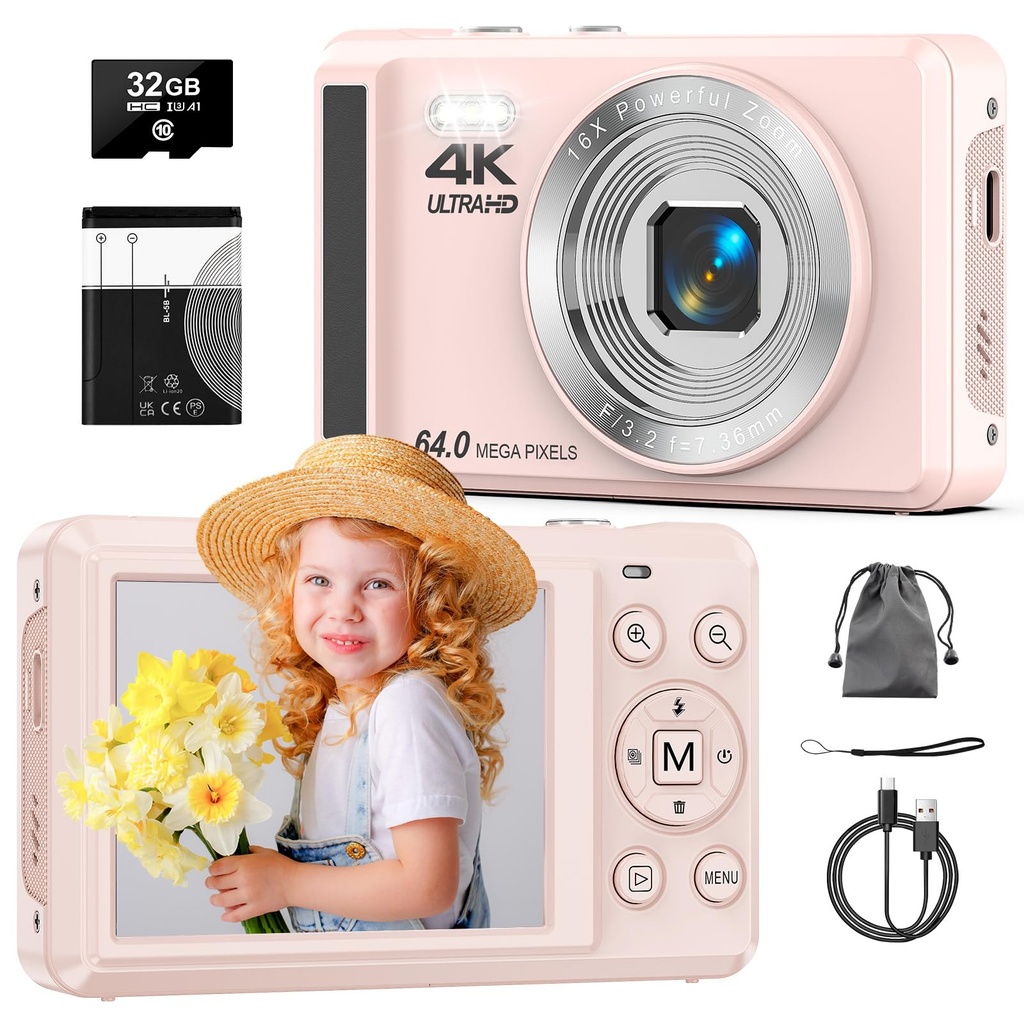 Digital Camera 4K 64MP with Auto Focus Portable Compact Camera with 32GB TF Card, 1200mAh Ba