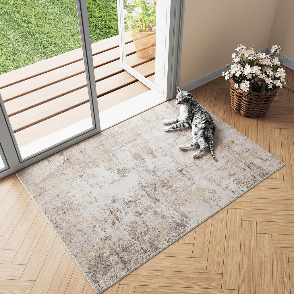 HUGEAR Washable Hallway Runner Rug 60x180cm Beige Grey Non Slip Abstract Natural Neutral