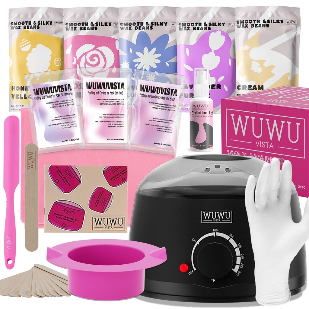 Waxing Kit, WUWUVISTA Hair Removal Hard Wax Kit with Wax Melt Warmer & Waxing Beads for Wom
