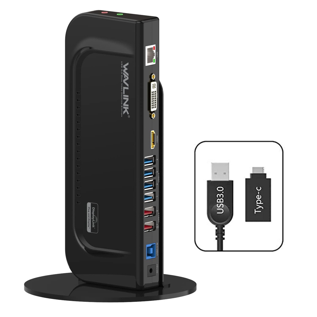 WAVLINK USB 3.0 / USB C Universal Dual Display Docking Station Support HDMI 