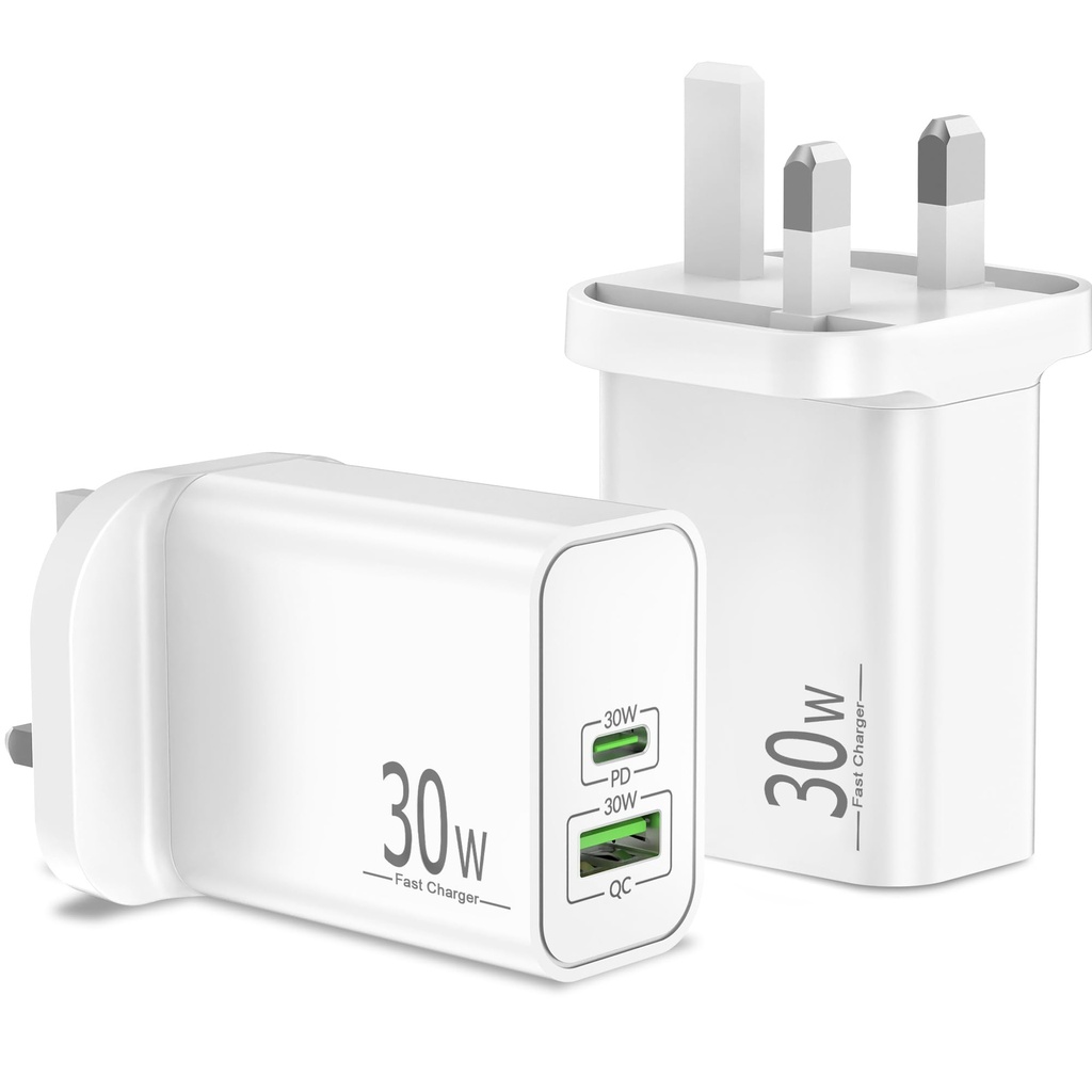 30W Charger Plug for iPhone 17e 17 16 15 Pro Max Air, USB C Plug UK 2-Pack, 2-Port USBC/USB