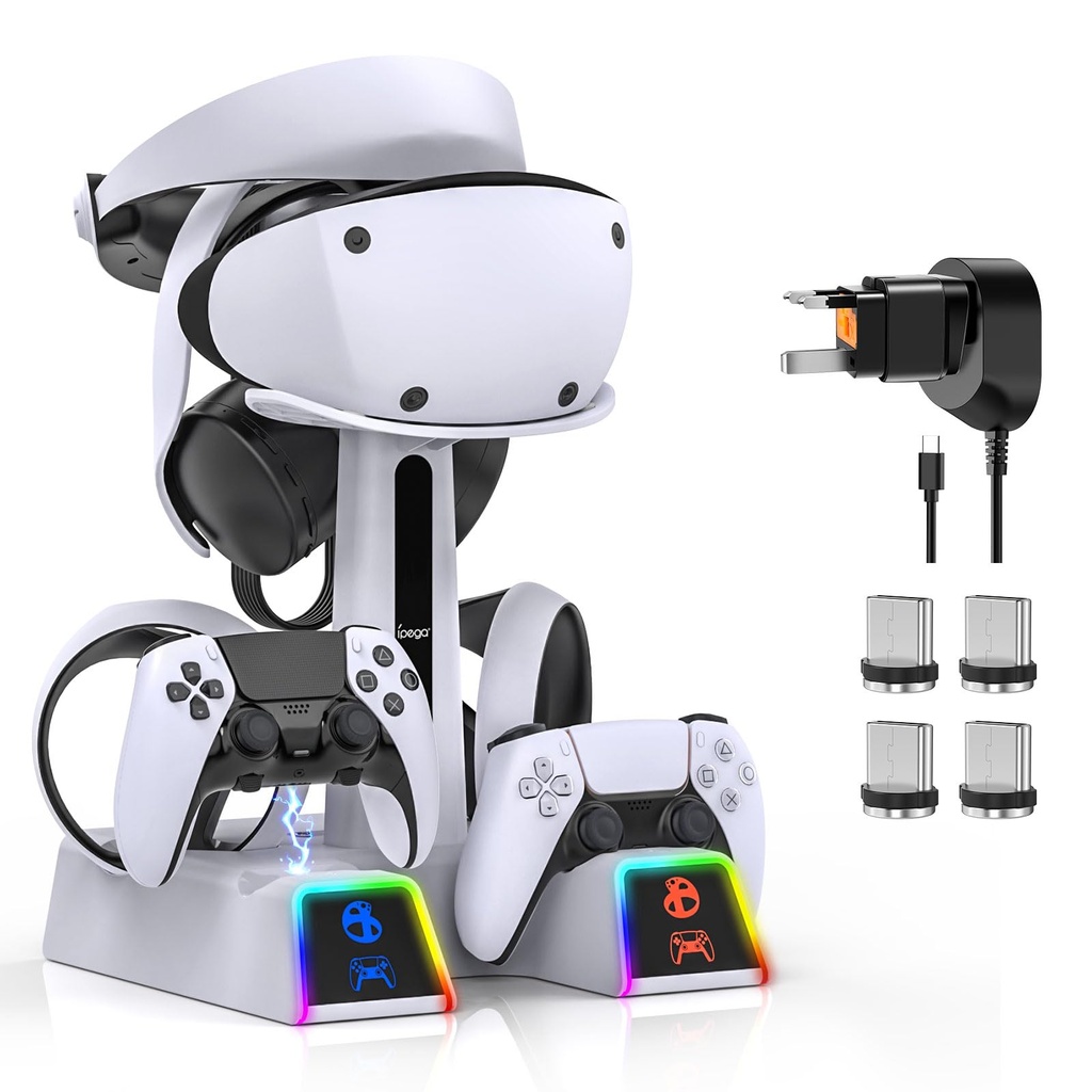 RGB Charging Station for PS VR2/ PS5/ PS5 Edge Controller with AC Adapter and Plug Adapter