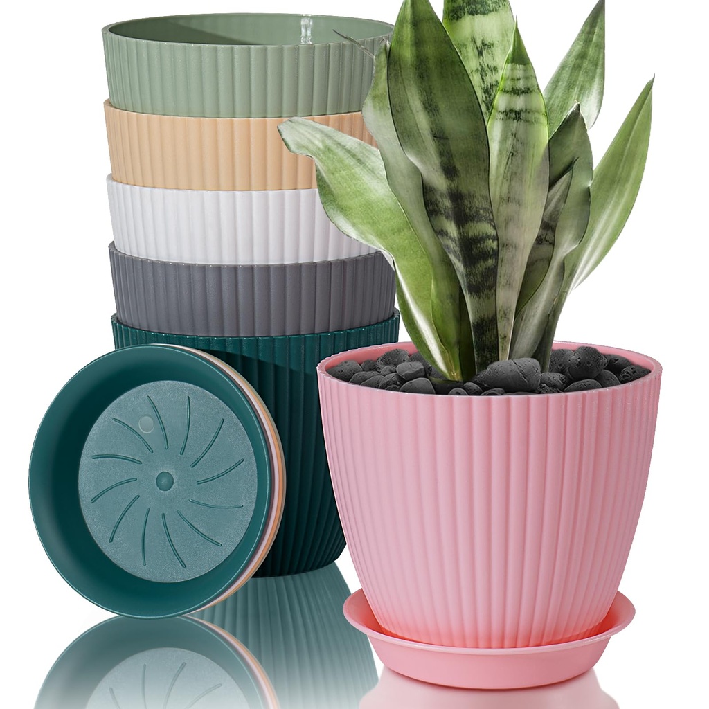 FORAGIFT 19cm Plant Pots Indoor, 6 Pack Stripe Grooves Plastic Flower Pots with Drainage Hol