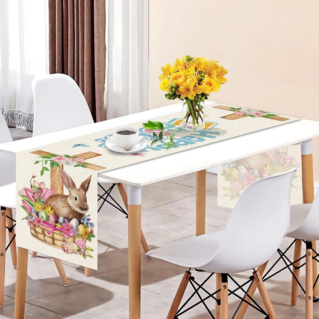 SEAHUI Happy Easter Rabbit Table Runner Rabbit Flower Cross Table Cover Linen Tablecloth De