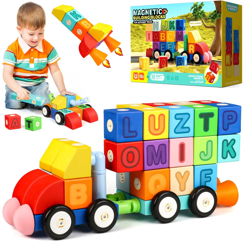 Jofuni Magnetic Foam Blocks for Kids 2-4 (52pcs), Truck Building Soft Blocks for Kids, STEM
