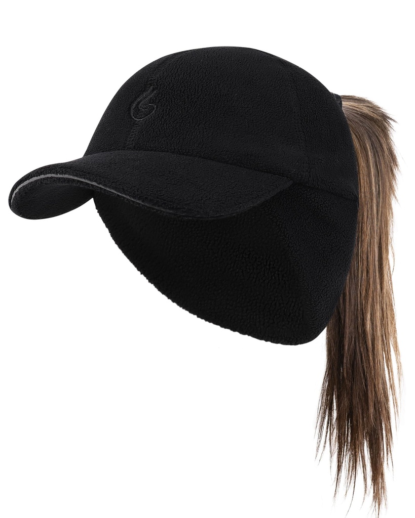 PivotWing Winter Hats for Women, Ponytail Hat with Ear Flaps Stretchy Fleece Winter Hiking