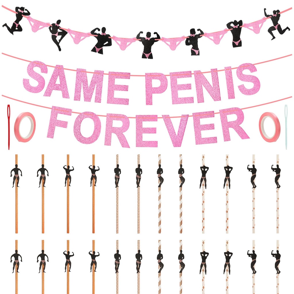 saerryor 26pcs Hen Party Accessories, 24pcs Male Stripper Straws with 2 Banner, Hen Do Acce