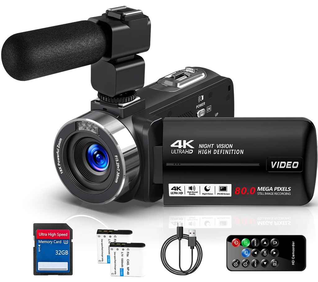 Delmodes 4K Video Camera Camcorder 80MP 18X Digital Zoom IR Night Vision Vlogging Camera