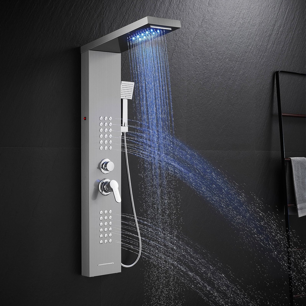 KINKIBOS LED Shower Tower with Mixer, 5 Modes Shower Column: Rain Waterfall