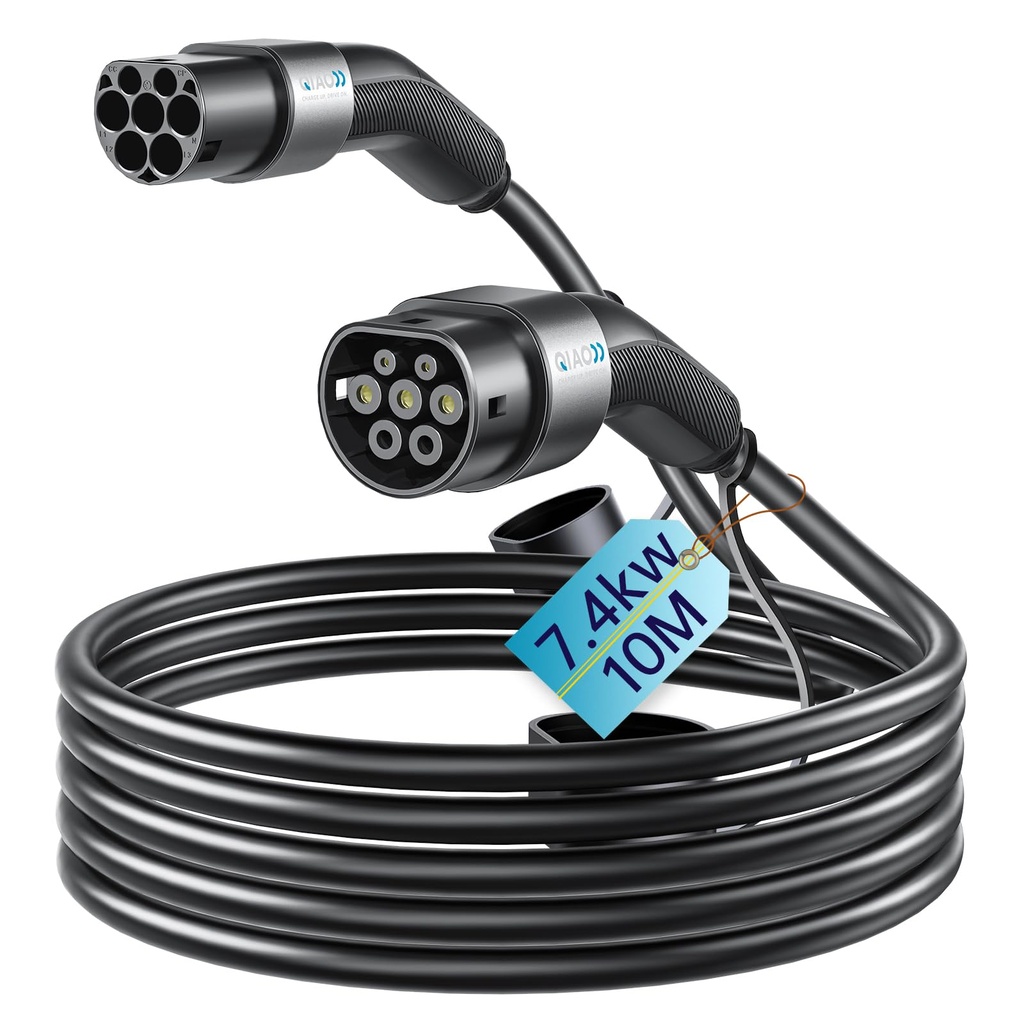 QIAO)) Type 2 EV Charging Cable, 7.4kW 10M 32A Single Phase, Electric Vehicle Type 2 to Typ