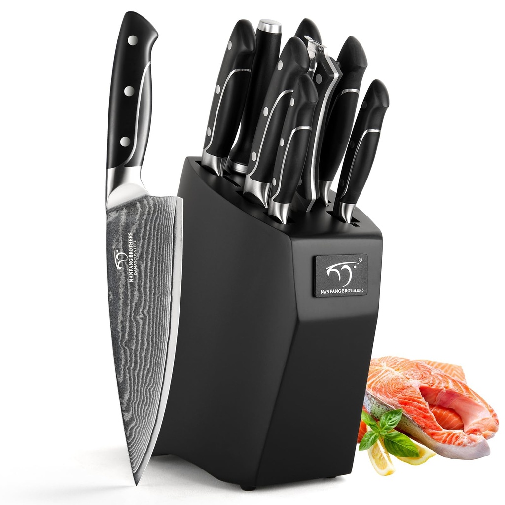 9-Piece Damascus Knife Set with Wooden Block - Professional Japanese VG10 Steel Kitchen Kniv