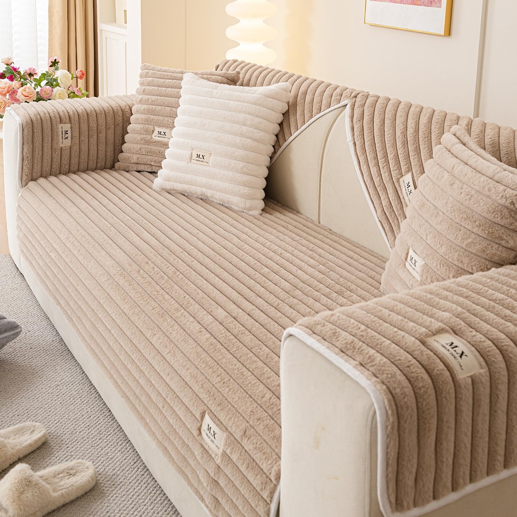 tianxinbaobei Fuzzy Sectional Couch Cover for Sofa, Plush Warm Sofa Covers Washable for 3-4